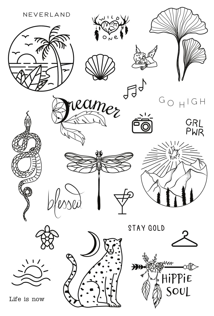 Tatsy Temporary Tattoo Set, The Hippie Set, For Women and Men, Original, Unique Design, Cover Up, Modern, Simple, Hipster, Hippie, Festival, Party, Minimalistic, Waterproof, Snake, Dragonfly