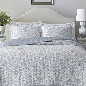 Ph 3 Piece Blue White Floral Coastal Vine Pattern Quilt Full Queen Set Light Blue Milk White Natural Flowers Printed Shabby Chic Reversible Solid