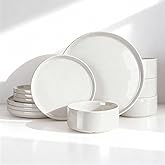 Famiware Porcelain Dinnerware Set, 12-Piece Modern Plate and Bowl Set, Dish Set for 4, Microwave and Dishwasher Safe Tableware, White