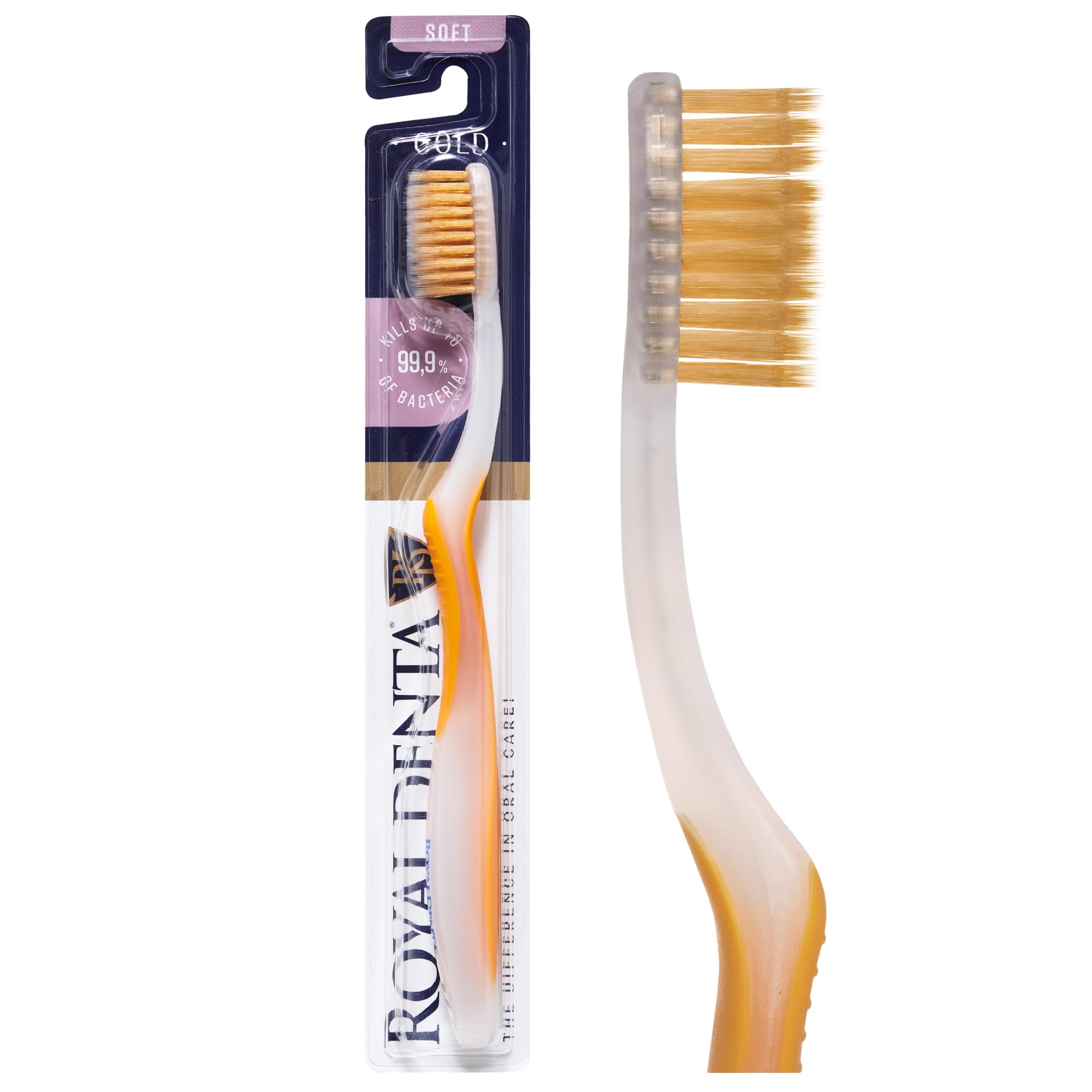 Royal Denta Soft Toothbrush for Adults, Dual Length Soft Bristles for Sensitive Teeth & Gums, Gold Infused Manual Toothbrush for Whitening, Flossing and Braces, Ergonomic Grip Handle (Yellow)