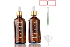 Amber Glass Dropper Bottle 3.4 oz, 2x100ml Amber Brown Glass Eye Dropper Bottles for Essential Oils with Dropper Pipettes, Fu