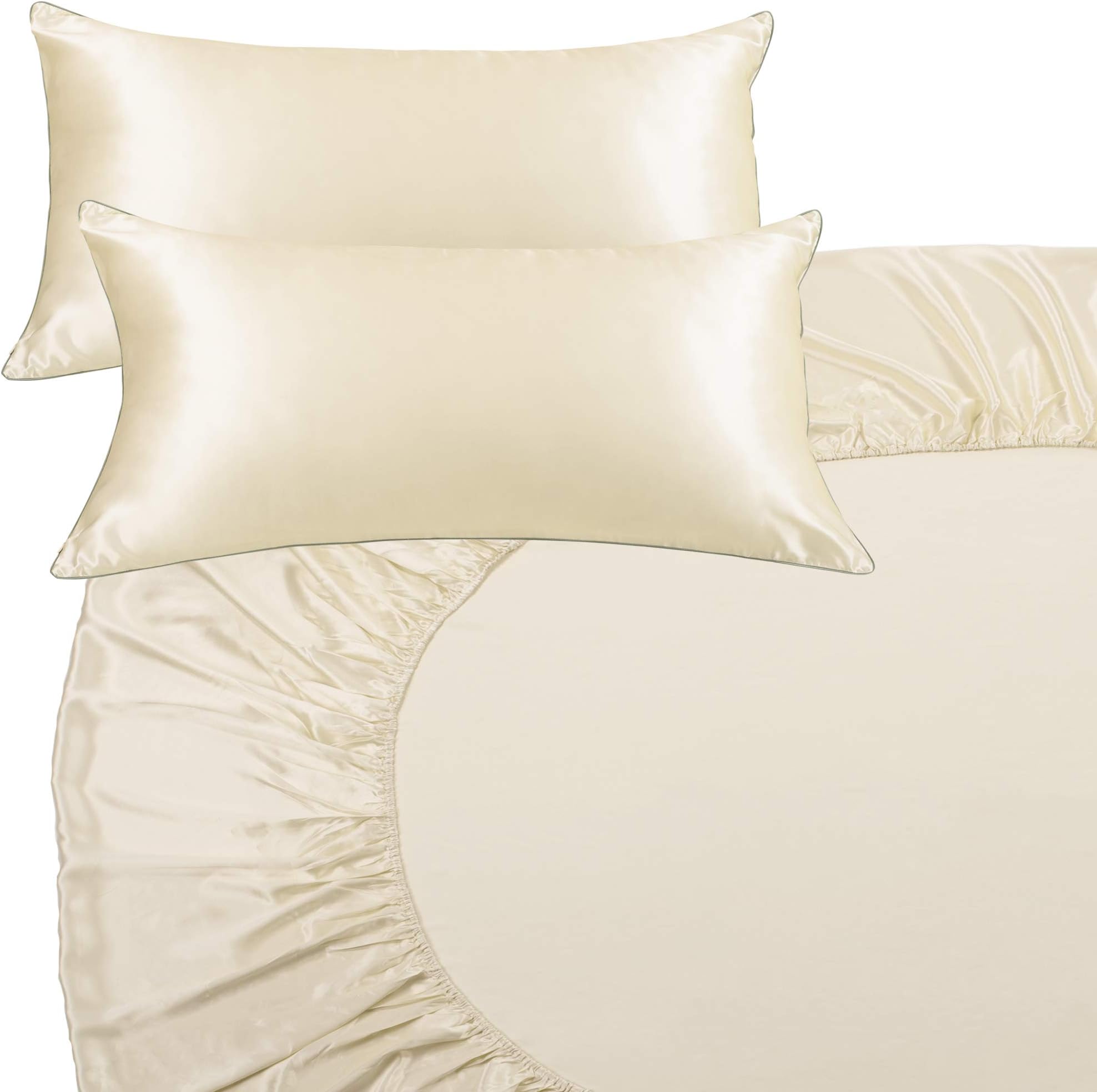 Vogue Silk 100% Mulberry Silk 3-Piece Bed Set (Fitted Sheet + 2 Pillowcase Set) for The Luxury Sleep Your Skin Deserves in Best Natural Fabric. Protect Skin and Hair at Night! (Pearl, Queen)