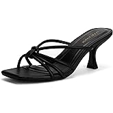 LOOPCHARM Women's Strappy Square Open Toe Kitten Heels Sandals Knotted Design Summer Fashion Slip On Mule Style,BLACK PU,10