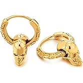 Mens Womens Stainless Steel Vintage Circle Huggie Hinged Hoop Earrings Dangle with Skulls, 2pcs