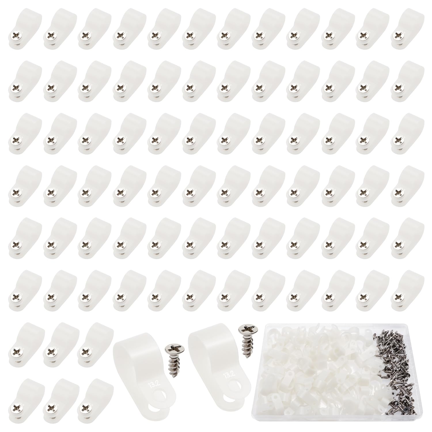 VooGenzek 80 PCS 1/2 Inch R-Type Cable Clip Wire Clamp, Nylon Screw Mounting Cord Fastener Clips with 80 PCS Screws, for Wire Management (White)