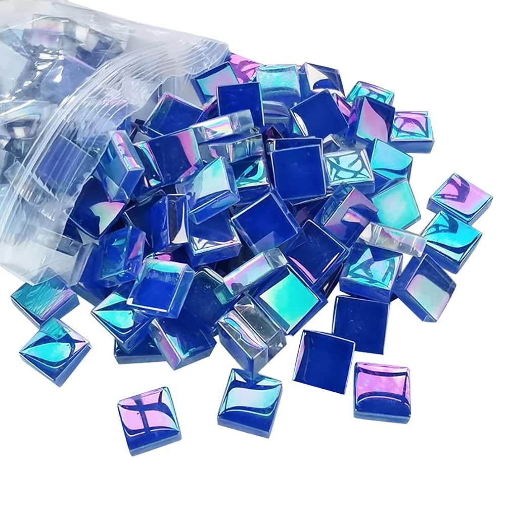 200 Pcs Mosaic Tiles for Crafts Iridescent Crystal Mosaic Glass Tile Focal20 Square Mosaic Tiles Pieces Kits for Adults DIY Picture Frames Handmade Jewelry Art Decoration Gifts (Blue)