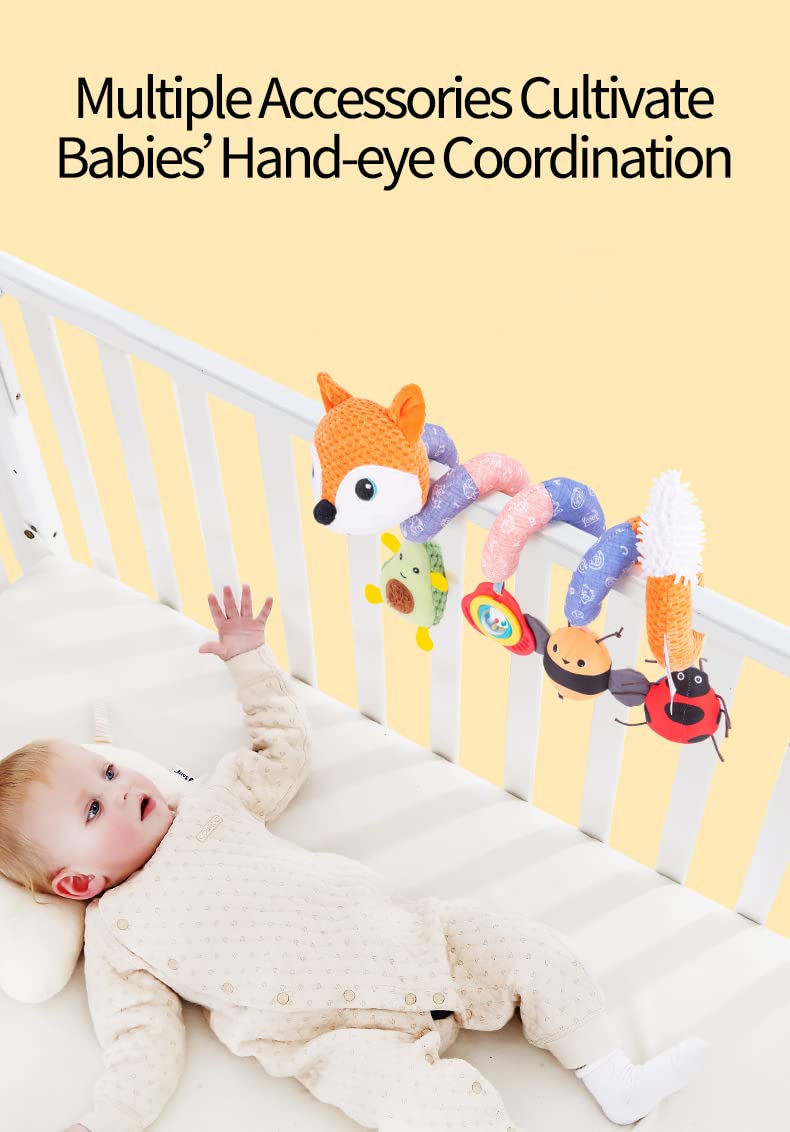 Koty Car Seat Toy Baby Spiral Plush Hanging Pram Bar Pram Crib with Music Box BB Squeaker and Rattles (Orange Fox)