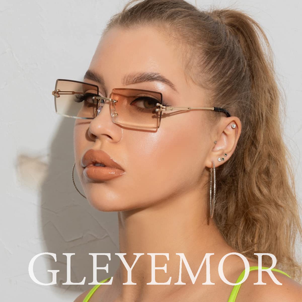 Gleyemor Rimless Rectangle Sunglasses for Women Mens Fashion Vintage Frameless Square Glasses with Gradient Lens
