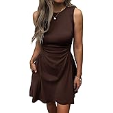 Mieazom Women's Casual Dress Summer Sleeveless Ruched Waist Elegant Pleated Slim-Fit Mini Dresses with Pockets
