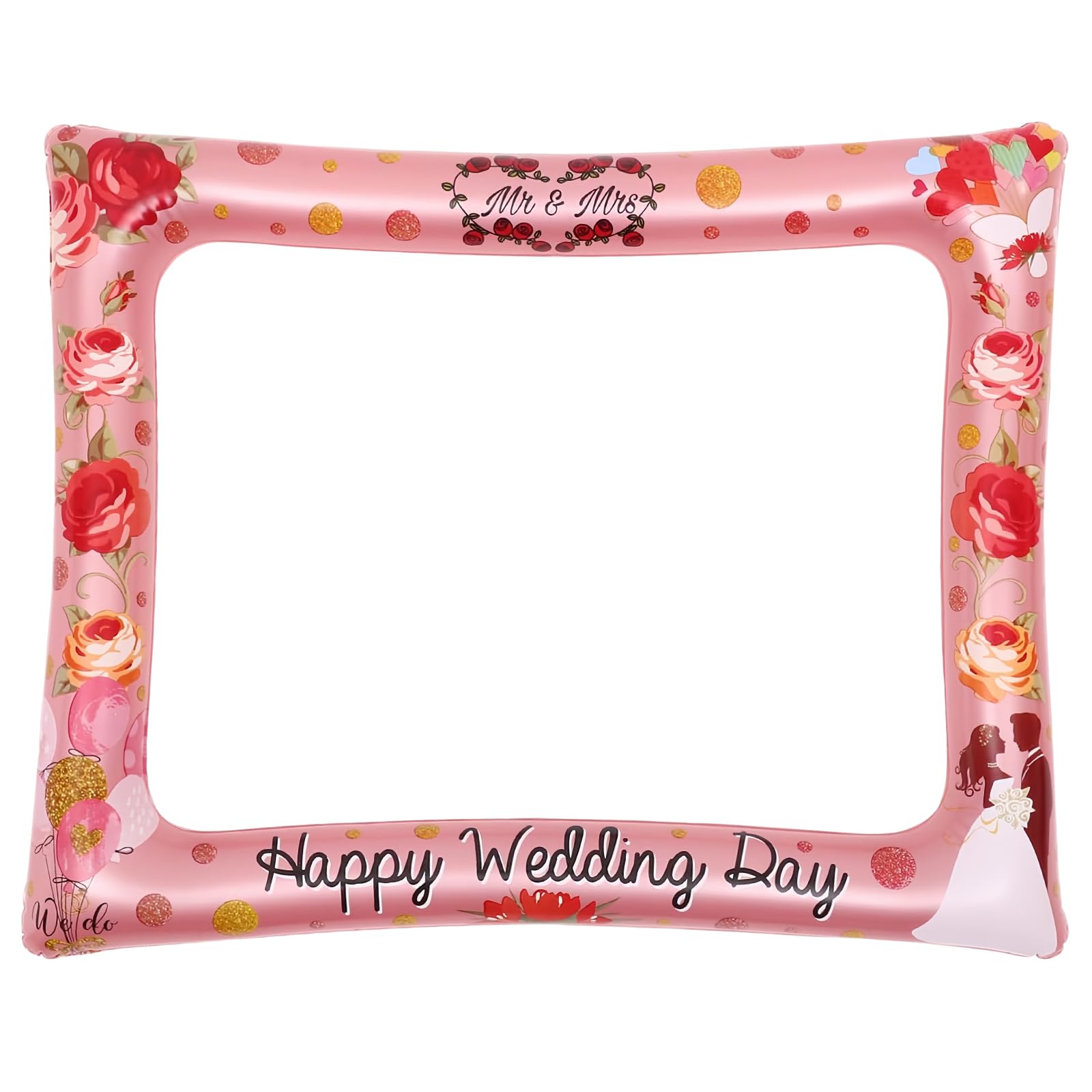 Inflatable Selfie Frame, Giant Pink Happy Wedding Day Photo Frame, Blow Up Party Prop for Bridal Shower Games Accessories