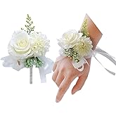 Rikyo 2 Pack Flower Wrist Corsage Boutonniere Set,3" Artificial Rose and Carnation Handmade Silk Flower for Wedding Flowers Accessories Prom Suit Decor(White)