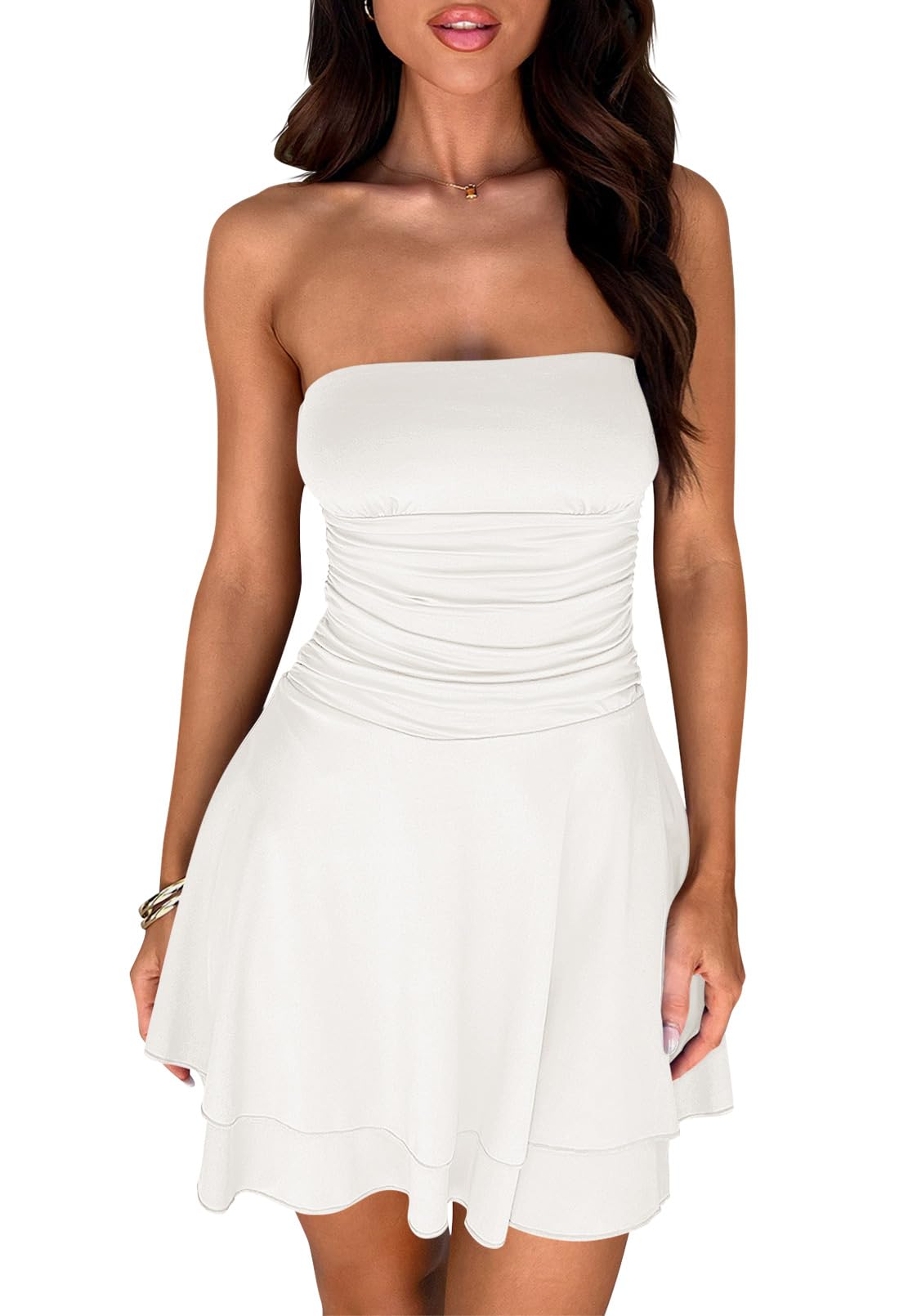 MEROKEETY Women's Backless Swing Beach Dress Ruched High Waist Going Out Party Y2k Short Sundress, White, S - Image 7