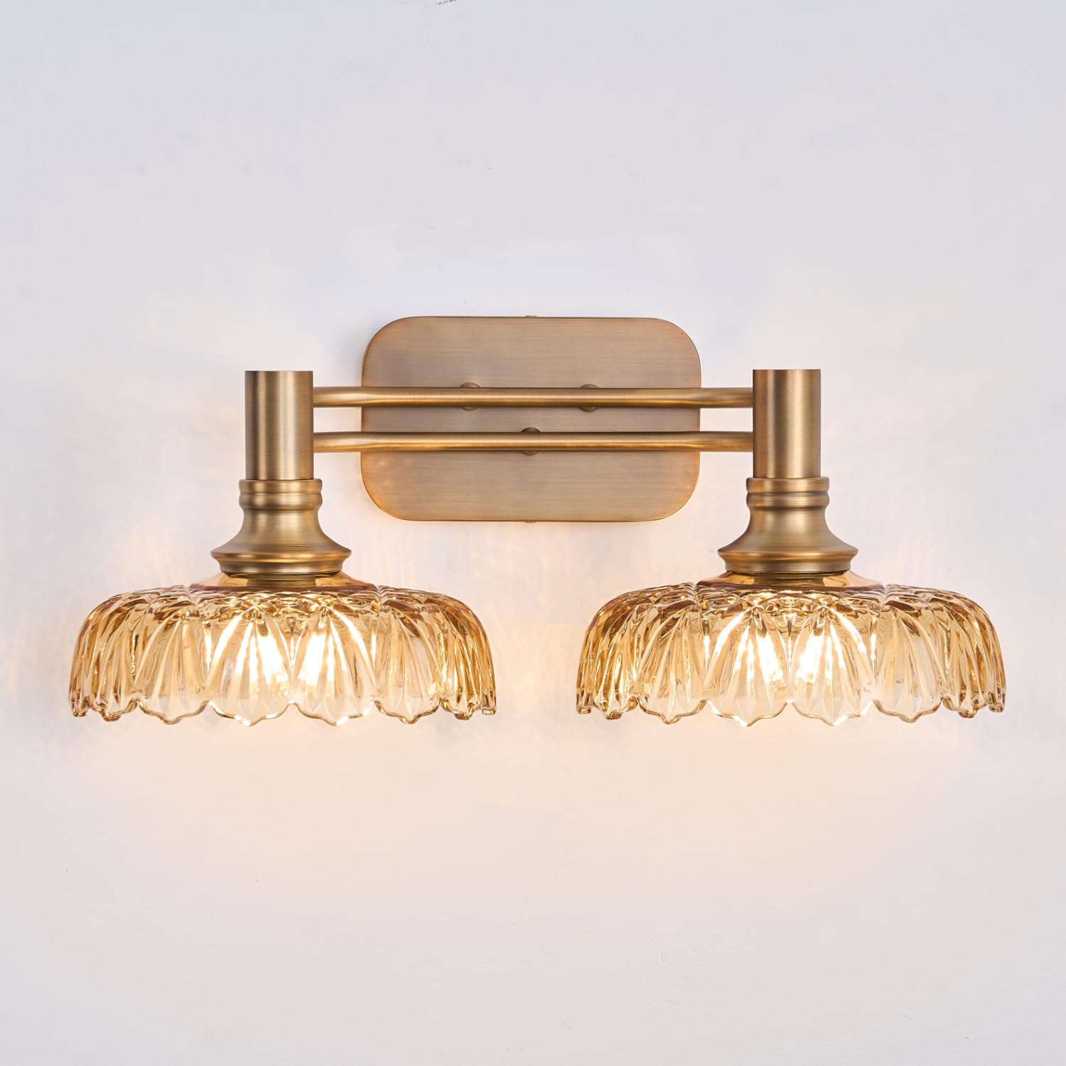 Photo 1 of Vintage Bathroom Vanity Light Fixtures, 2-Light Brass Vanity Wall Light Over Mirror with Amber Glass Shade for Hallway Bedroom Living Room
