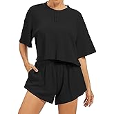 AnotherChill Women's Cropped Waffle Knit Lounge Set – Short Sleeve Henley Top and High Waisted Shorts 2 Piece Casual Outfit