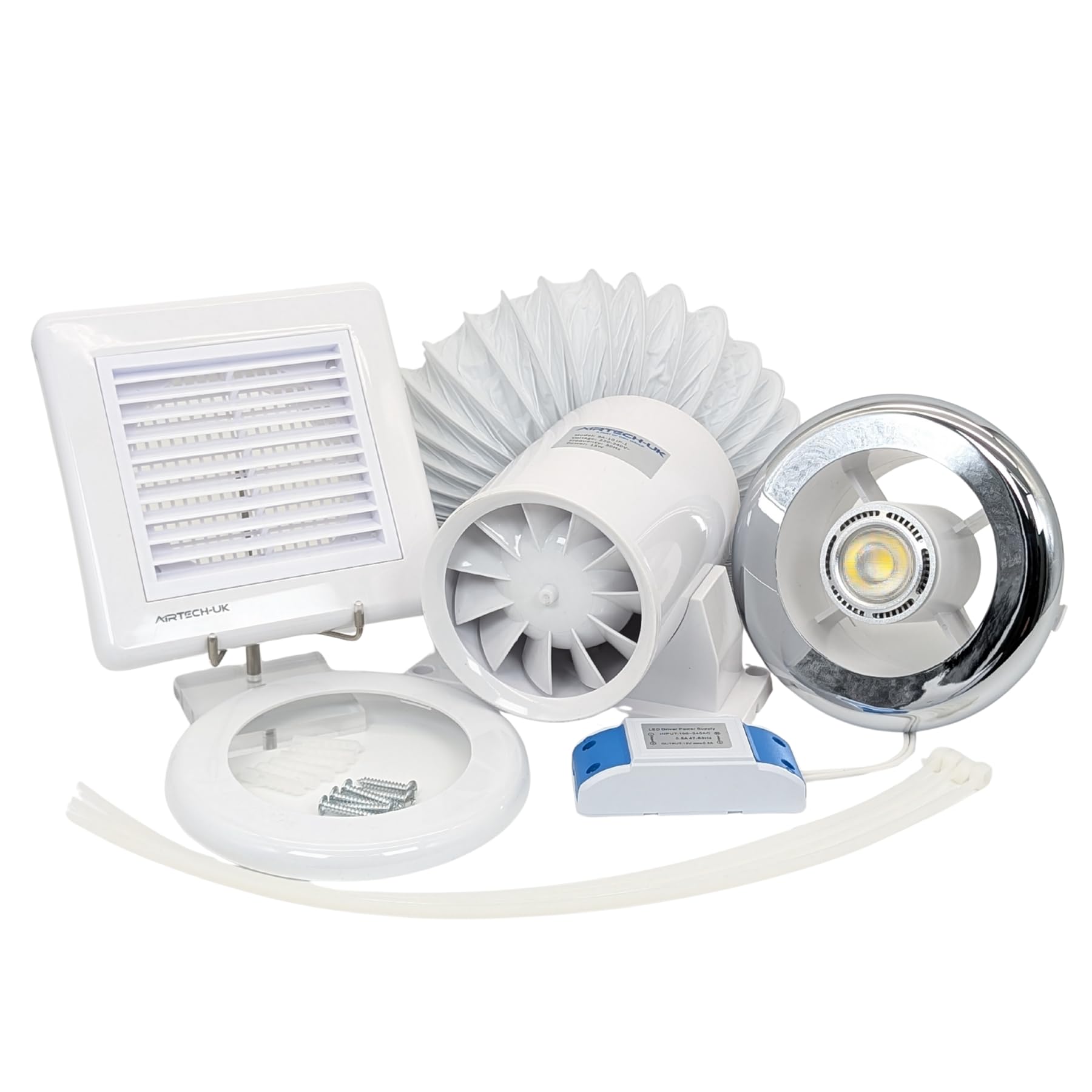 AirTech-UK Inline Bathroom Extractor Fan Kit with Timer - Shower Extractor Fan with Light -100mm 4" Duct Opening - FlowMax Essential
