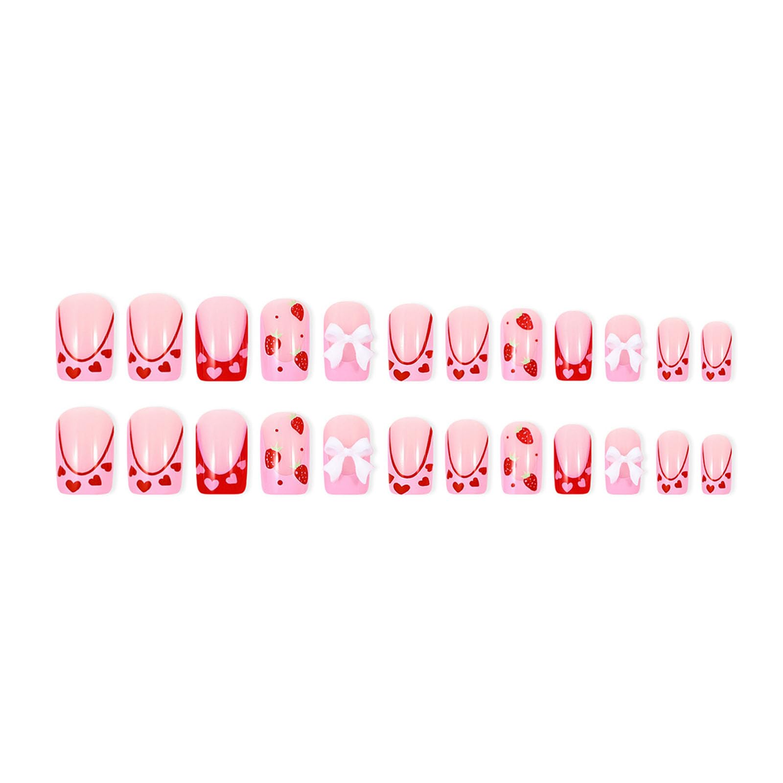Press on Nails Square Medium Fake Nails with Heart Bow Strawberry Designs Glossy Glue on Nails Pink Red French Tip Acrylic Nails False Nails Stick on Nails for Women 24Pcs - Image 2