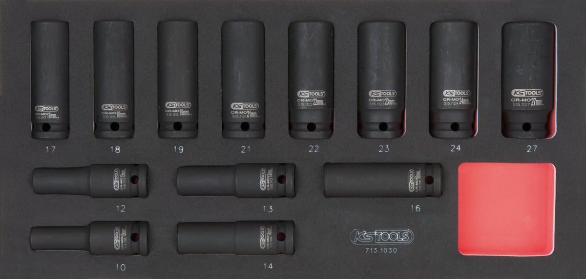 KS Tools - 713.1030 - Long Impact Socket Module 1/2-10-27 mm - 13 Pieces, Black, Variety pack