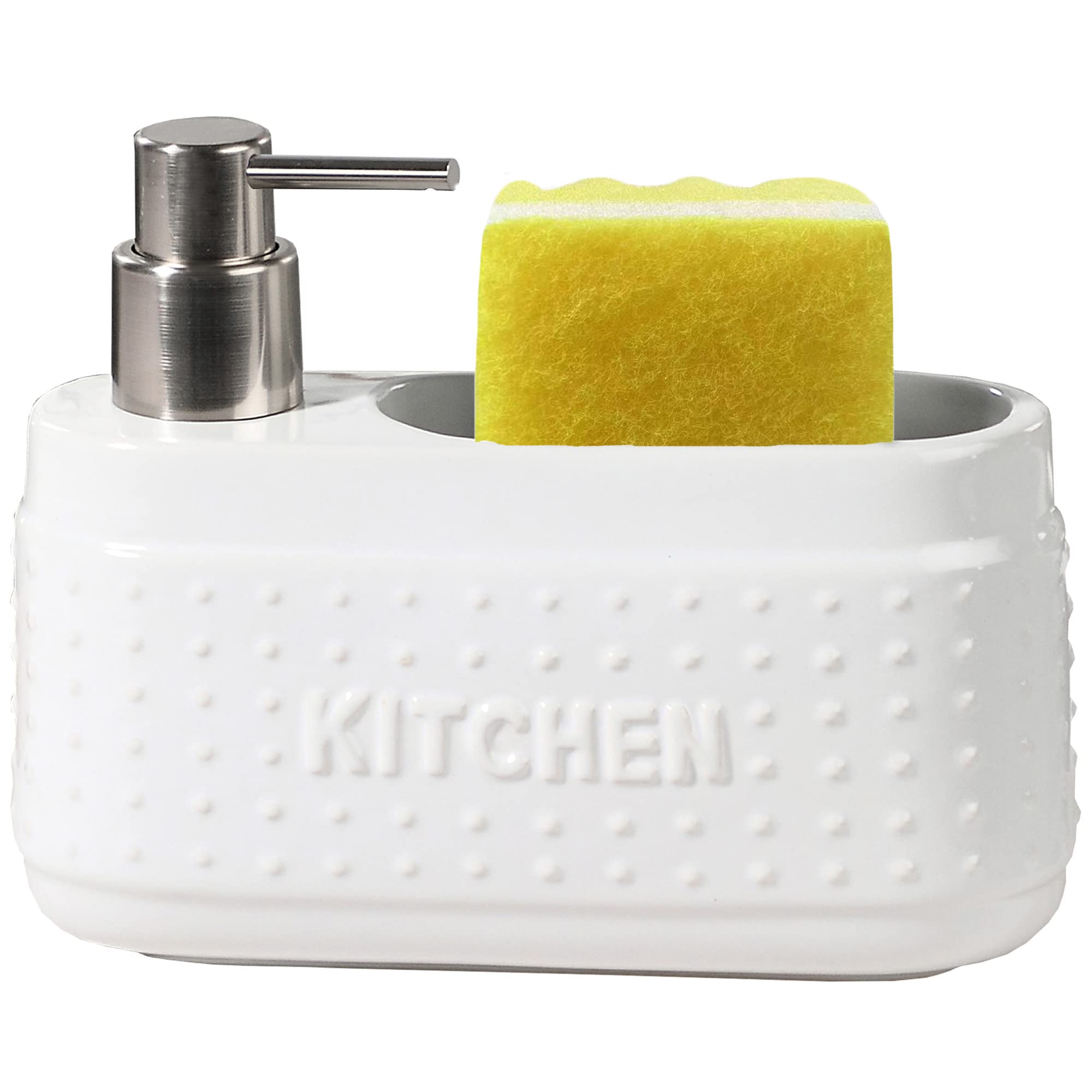 White Dish Detergent Dispenser for Kitchen Sink.Ceramic Dishwashing Liquid Dispenser with Sponge Holder -600ml Large Capacity