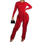 EDITCOZY Women Sexy Two Piece Outfits Fringe Pants Set Long Sleeve Club 2 Piece Going Out Birthday Party Night