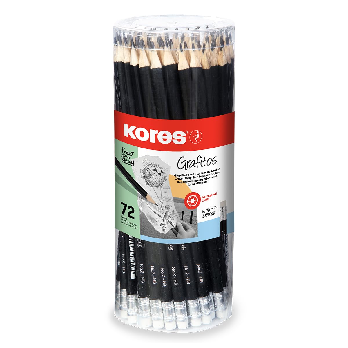 Kores - Grafitos: HB Graphite Pencils for Kids and Adults with Soft Lead and Eraser Tip, Hexagonal Shape, School and Office Supplies for Writing, Drawing and Sketching, Pack of 72