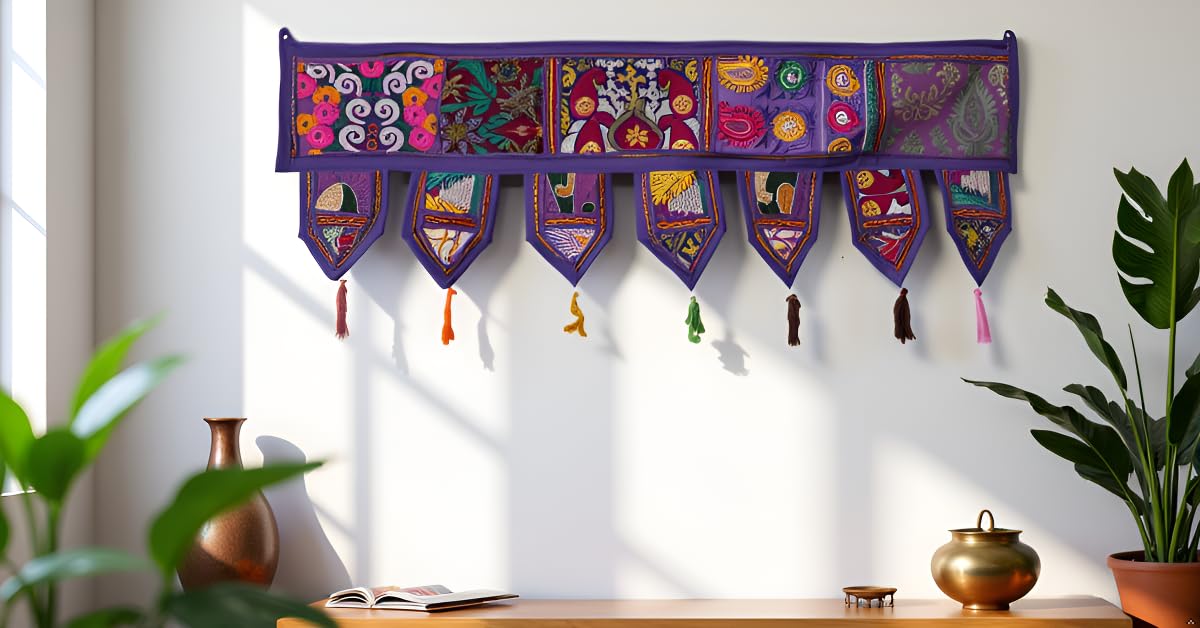 Indian Handmade Traditional Embroidered Toran Cotton Thoranam Door Living Room Decor Bandanwar Home Valance Decorations Window Hanging Bohemian Wall Ethnic Decorative Vintage (Purple, 1 mtr)