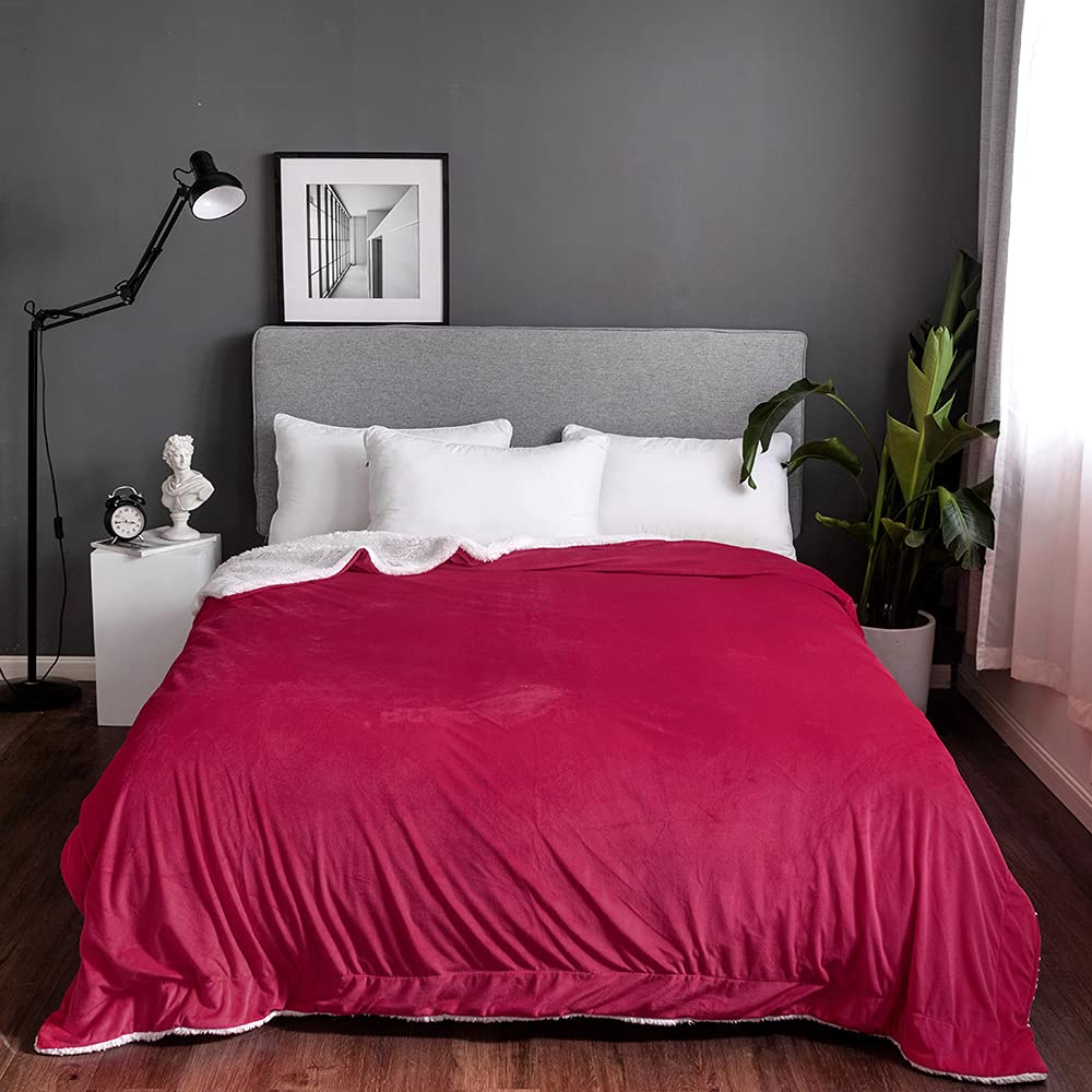 Sherpa Teddy Lush [ Wine ] Super Soft Blanket Faux Fur Shaggy with Crystal Fleece at back Cosy Fuzzy Throws Warm Solid for Sofa Couch & Bed Décor Double ply Reversible (Wine, Double 200x150cm)