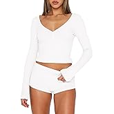 TiulZial Womens 2 Piece Y2K Pajamas Set Long Sleeve Cropped Top Button Down V Neck Slim Fitted Shorts PJs Outfits Lounge Sets