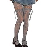 ShawGobow Lace Tights With Bows,Cute Floral Patterned Stockings For Women,Halloween Costume Sexy Goth Fishnets