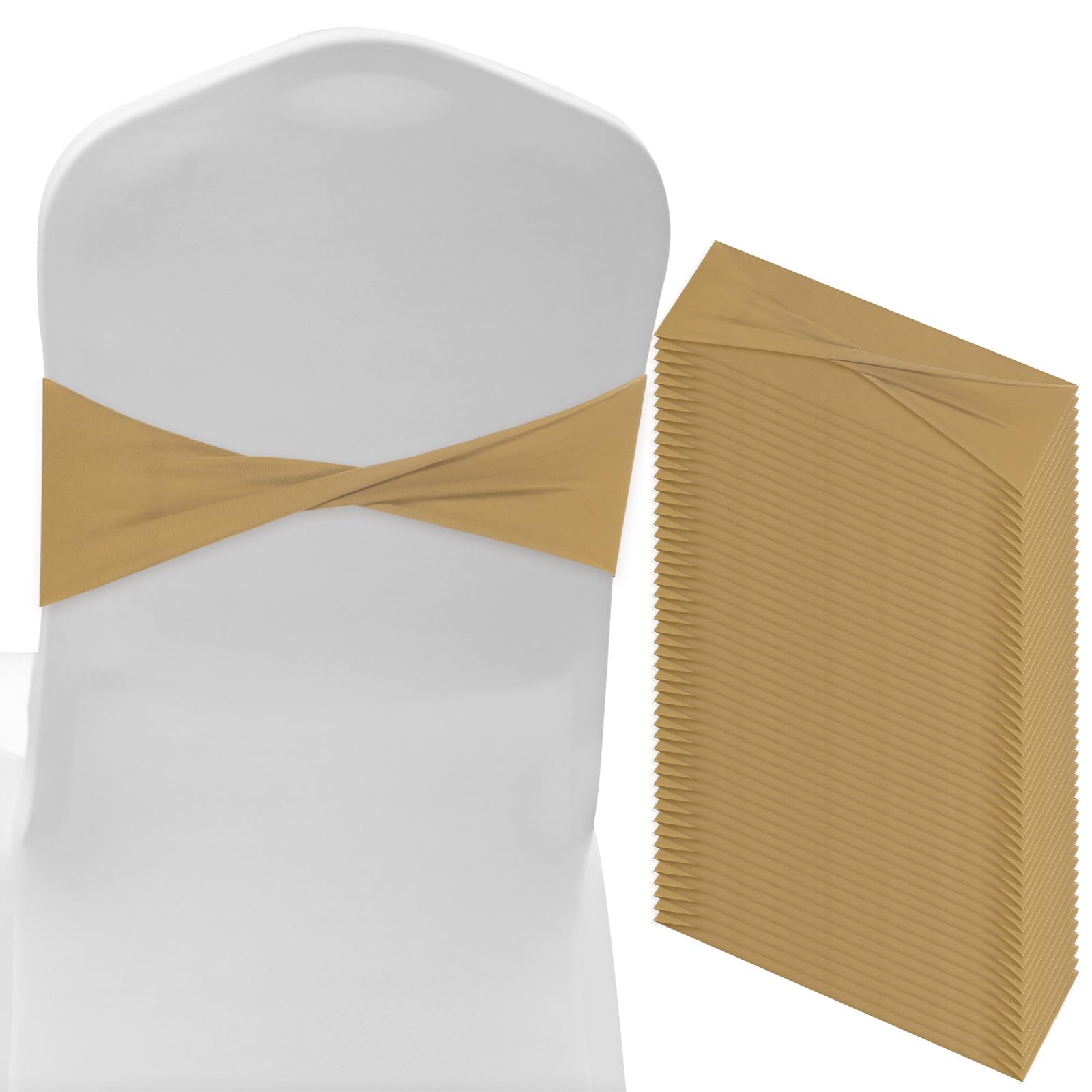 M METERXITY 100-Pack Spandex Chair Sashes, Chair Bands Slider Sashes Stretch Chair Cover Chair Bands Ties Without Buckle for Wedding/Banquet/Party/Ceremony Event Decoration [Gold]