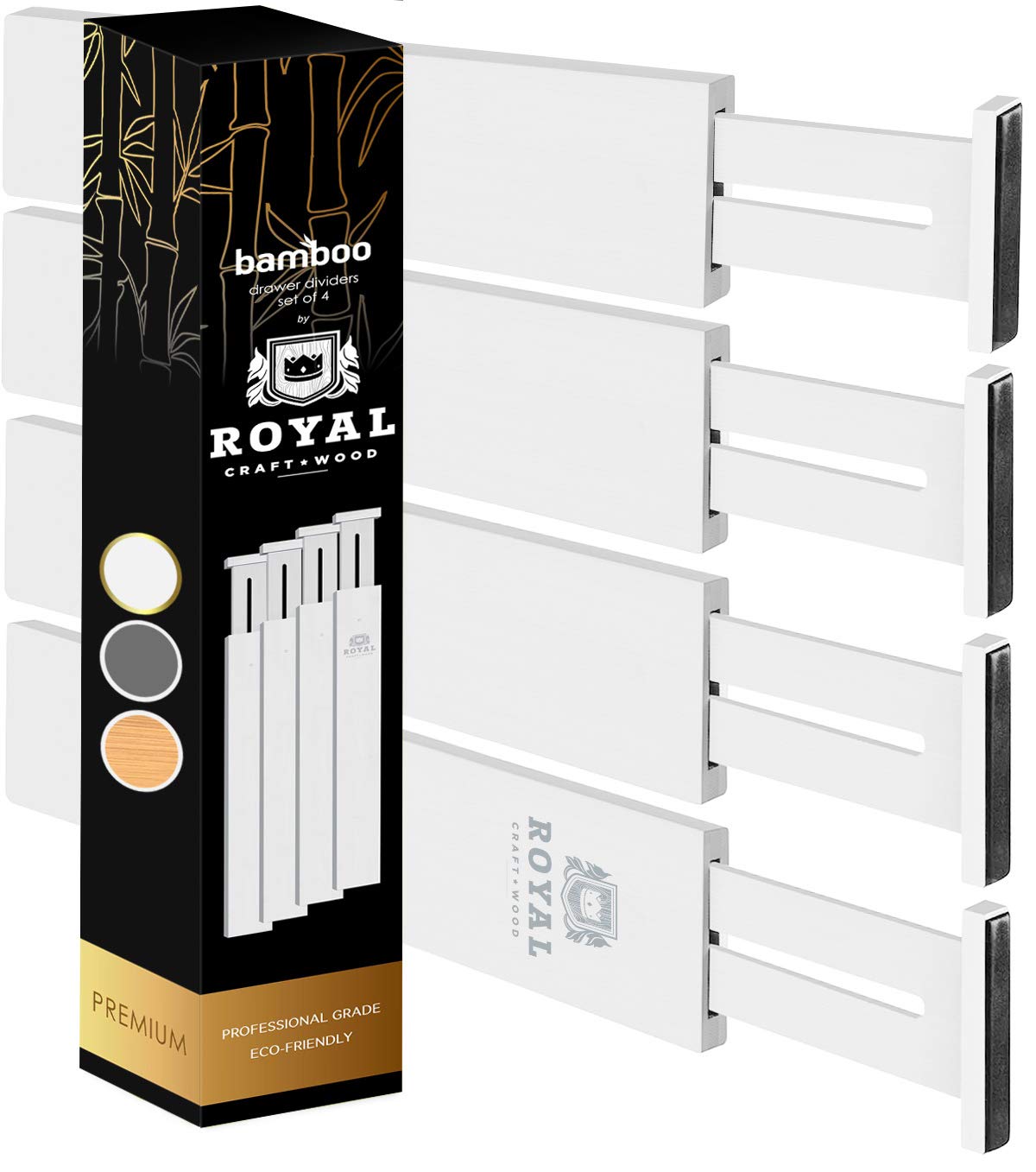 Bamboo Drawer Dividers Organizers - Expandable Drawer Organization Separators For Kitchen, Dresser, Bedroom, Bathroom and Office, 4-Pack (White, 13.5-17 IN)