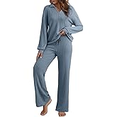 EVALESS Womens Pajama Sets Long Sleeve Sleepwear Matching Drawstring Elastic Pj Pants Ribbed Knit 2 Piece Lounge Set