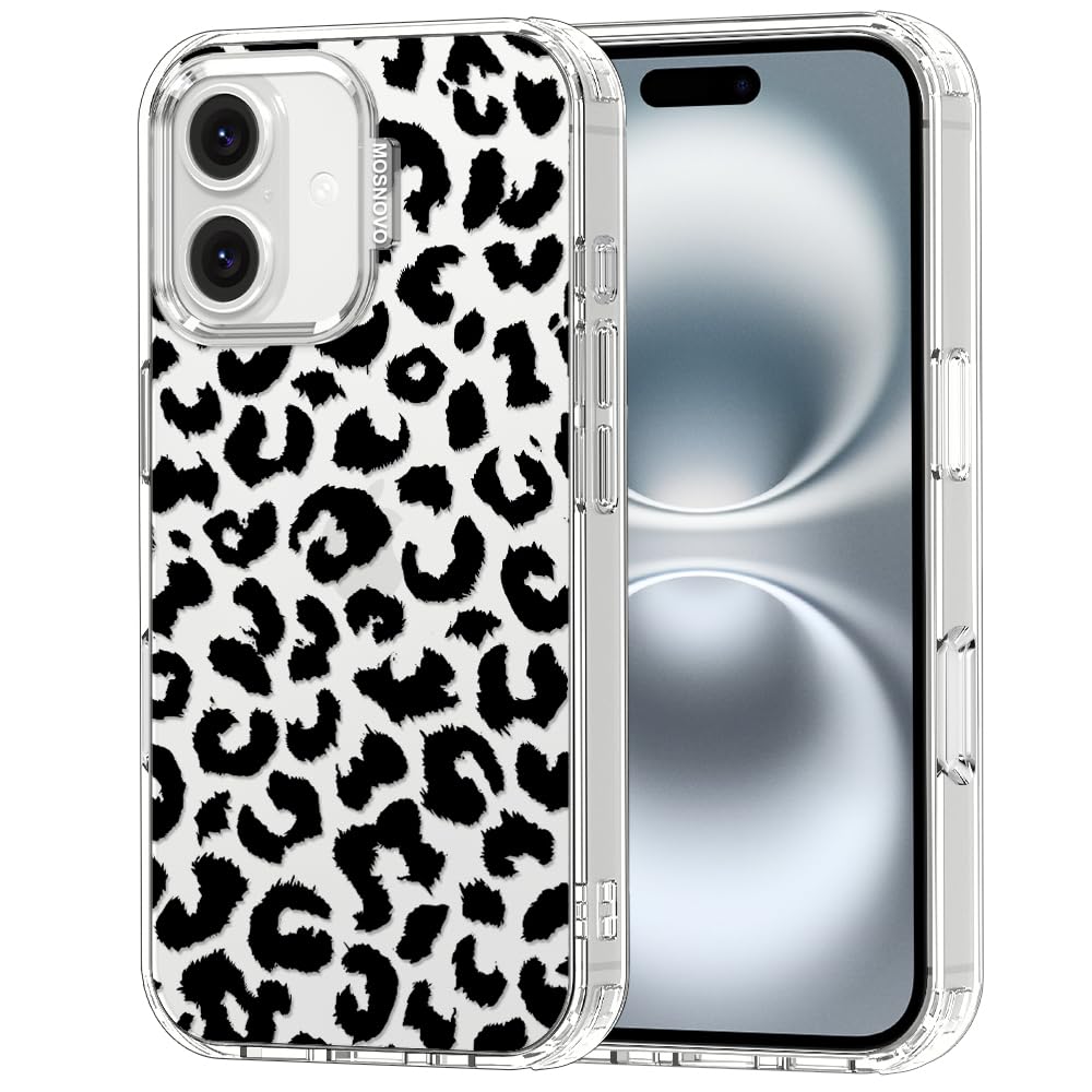 MOSNOVO Case for iPhone 16, [Buffertech 6.6ft Military-Grade Drop Protection] [Anti Peel Off Tech] Clear TPU Bumper Phone Case Cover Design - Black Leopard Print