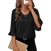 EVALESS Womens Tops Dressy Casual Tie Front Ruffle V Neck 3/4 Sleeve Business Blouses Office Shirts