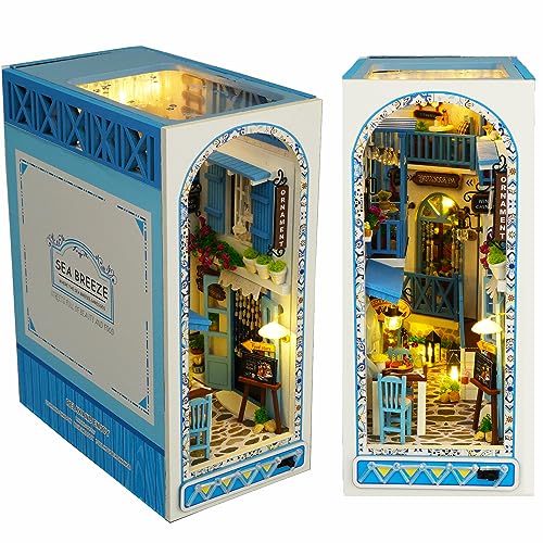Roroom DIY Book Nook Kit, DIY Dollhouse Booknook Bookshelf Insert Decor Alley,3D Wooden Puzzle with Book Nook Bookshelf Insert Wood Bookend Model Building (Sea Breeze-TC18)