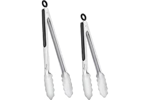 Hotec Stainless Steel Kitchen Tongs Set of 2 - 9" and 12", Locking Metal Food Tongs Non-Slip Grip
