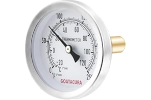GOATACURA Hot Water Bimetal Thermometer, 2-1/2" Dial Size, 1-3/4" Lead-Free Brass Stem, 1/2" NPT Back Mount, 0-250 Deg F/-20-