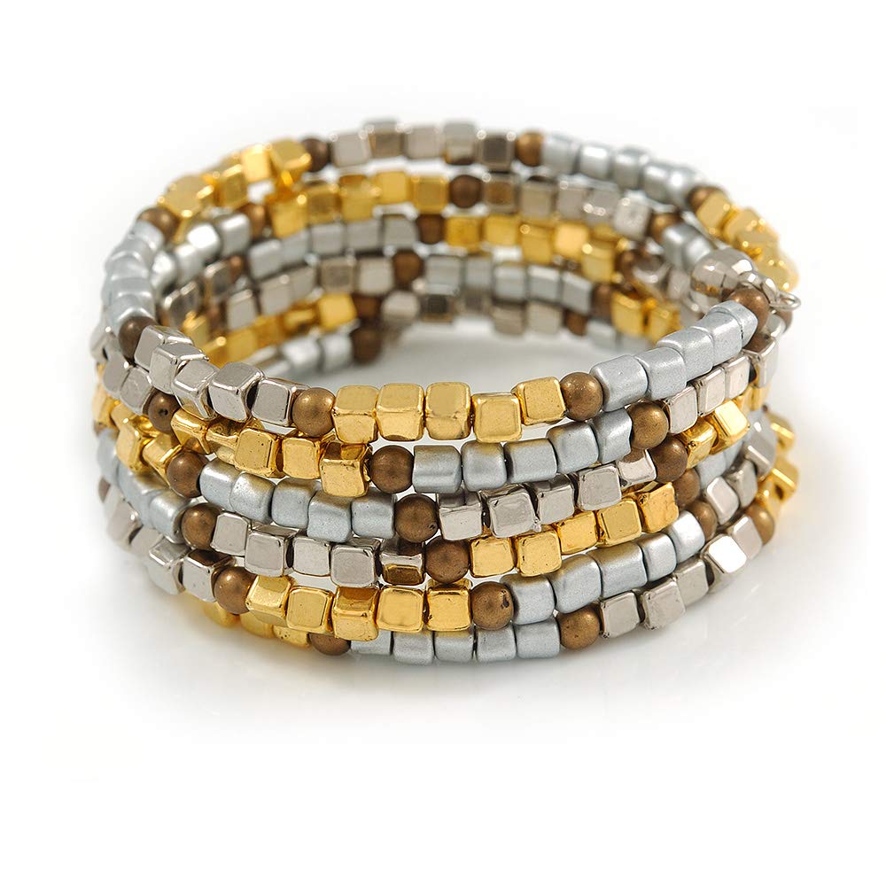 Avalaya Multistrand Acrylic Bead Coiled Flex Bracelet In Silver, Gold, Brown - Adjustable