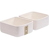 MiniArk Small Square Shallow Baskets for Organizing, 9.7x9.7x4.3 Inch Rope Woven Storage Bins for Cubes Closet, Shelves Storage, Boho Decorative Basket, 2 Packs Off White