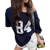 Pinclodly Off The Shoulder Tops for Women Short Sleeve Y2K Jersey Number Graphic Oversized Tshirts E-Girl Tees