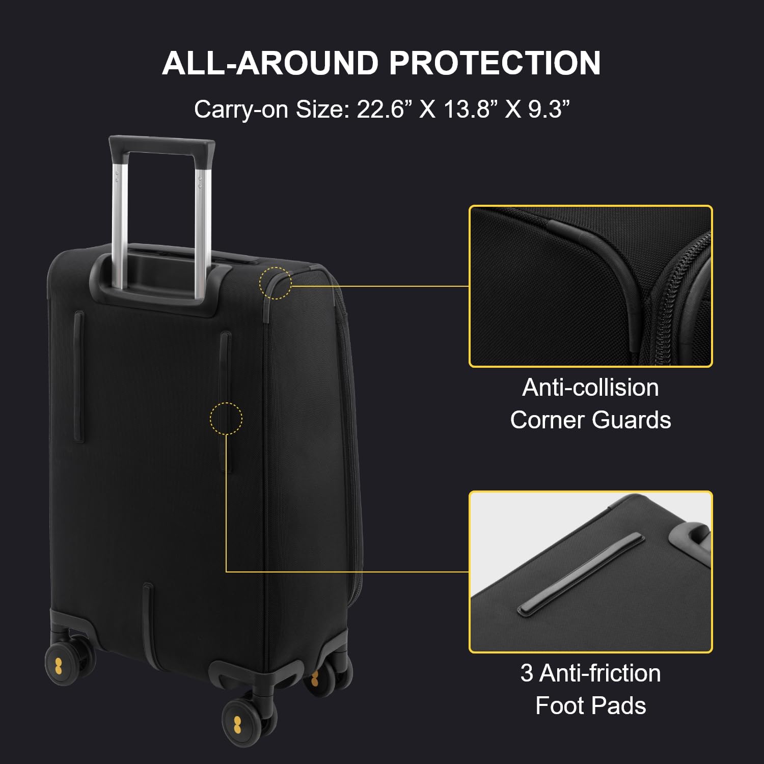 LEVEL8 Carry On Luggage Airline Approved with Compartment, Softside Expandable Rolling Suitcase with Spinner Wheels, Black, Carry-On 20-Inch