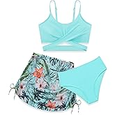 Weixinbuy Girl's Swimsuit 3 Piece Bathing Suit Criss Cross Spaghetti Strap Bikini Sets with Cover Up Skirt Beach Swimwear