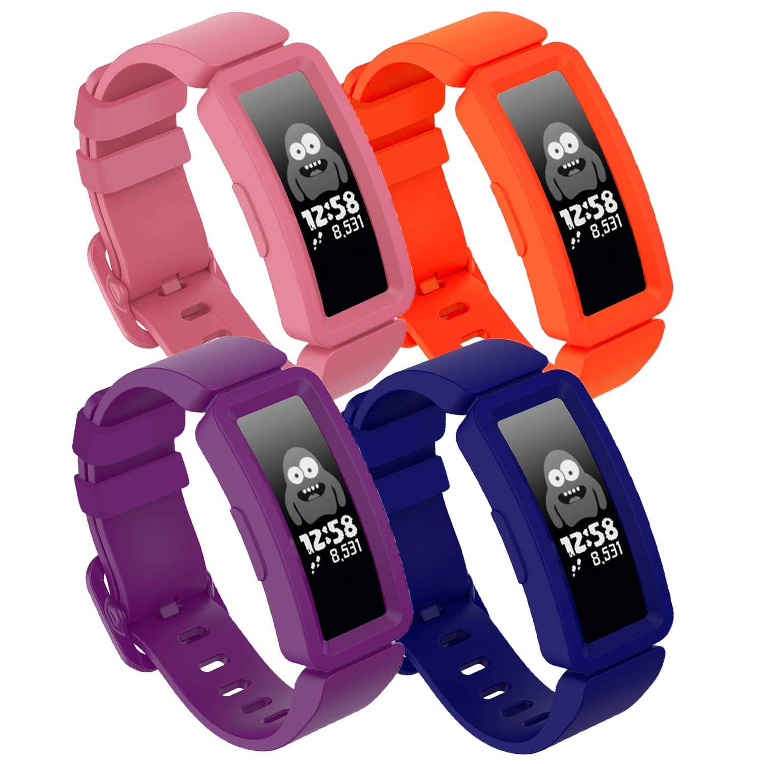 TopPerfekt Strap Compatible With Fitbit Ace 2 for Kids 6, Soft Silicone Waterproof Bracelet Accessories Strap Boys Girls Wristbands Compatible for Fitbit Ace 2 (4Blue,Grape,OrangeRed and Watermelon)