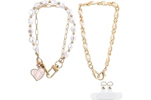 Penitue 2pcs Beaded Phone Wrist Straps, Double Chain & Imitation Pearls Mobile Phone Bracelet with 2 Tether Tabs for Women Ph
