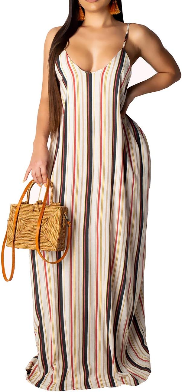 Women's Casual Sexy Summer Stripe Bodycon Long Maxi Dresses Floor Length Sleeveless Plus Size Sundresses