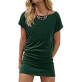 Wenrine Womens Summer Mini Dress 2026 Casual Short Sleeve Crewneck Beach Vacation Ruched Bodycon T Shirt Dresses