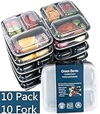 Green vege Bento 10-3BOX Meal Prep Containers with Lids 3 Compartment Reusable Bento Lunch Box-Food Conrtainers 10 Pack, Pack of 10, Black
