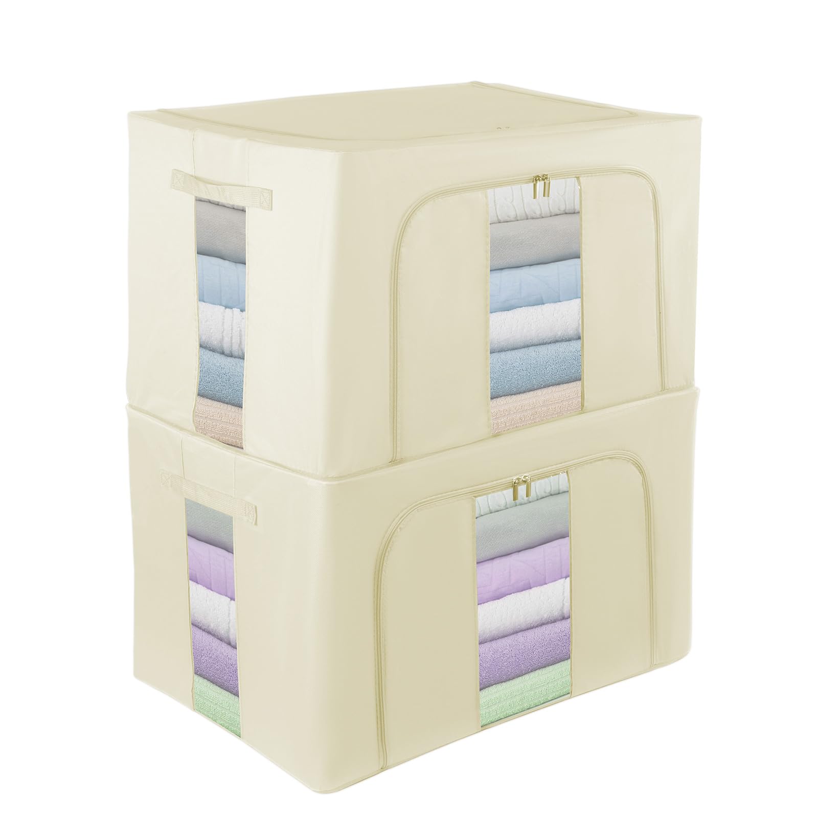 Womanht 2 Pack Closet Organizers and Storage, Foldable Oxford Steel Frame Storage Box with Clear Window & Carry Handles, Stackable Storage Bins Boxes for Clothes & Beddings & Blankets-Khaki 100L