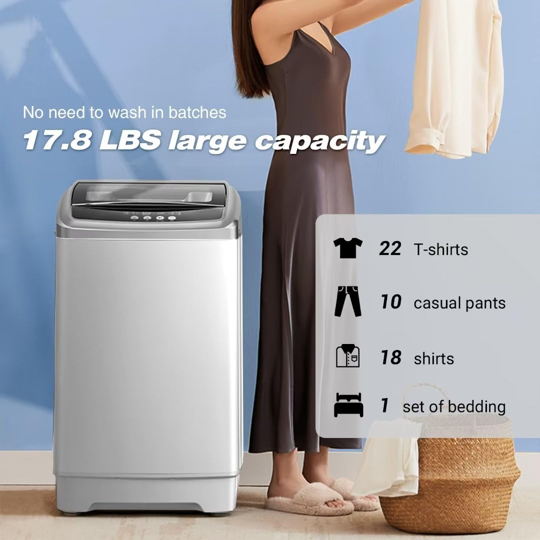 Apartment Washing Machine, 17.8 lbs Portable Washing Machine with 8 Water Levels and 10 Wash Promgrams, Small Washer Machine for Home and Apartment