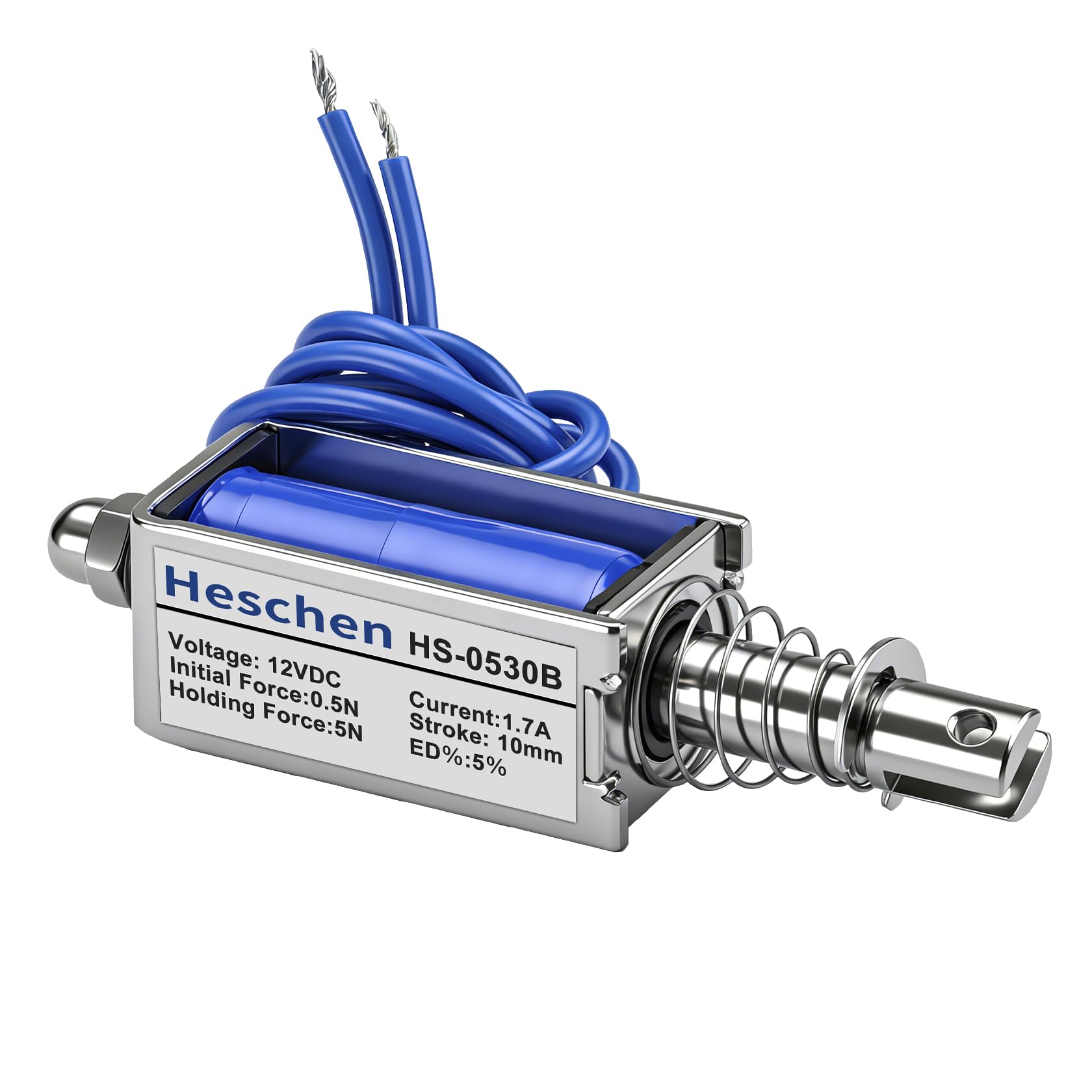 Heschen DC Solenoid Electromagnet, Push Pull Type, HS-0530B, DC12V 1.7A, 10mm Stroke, Initial Force 0.5N, Max Keep Force 5N, Open Frame, Linear Motion