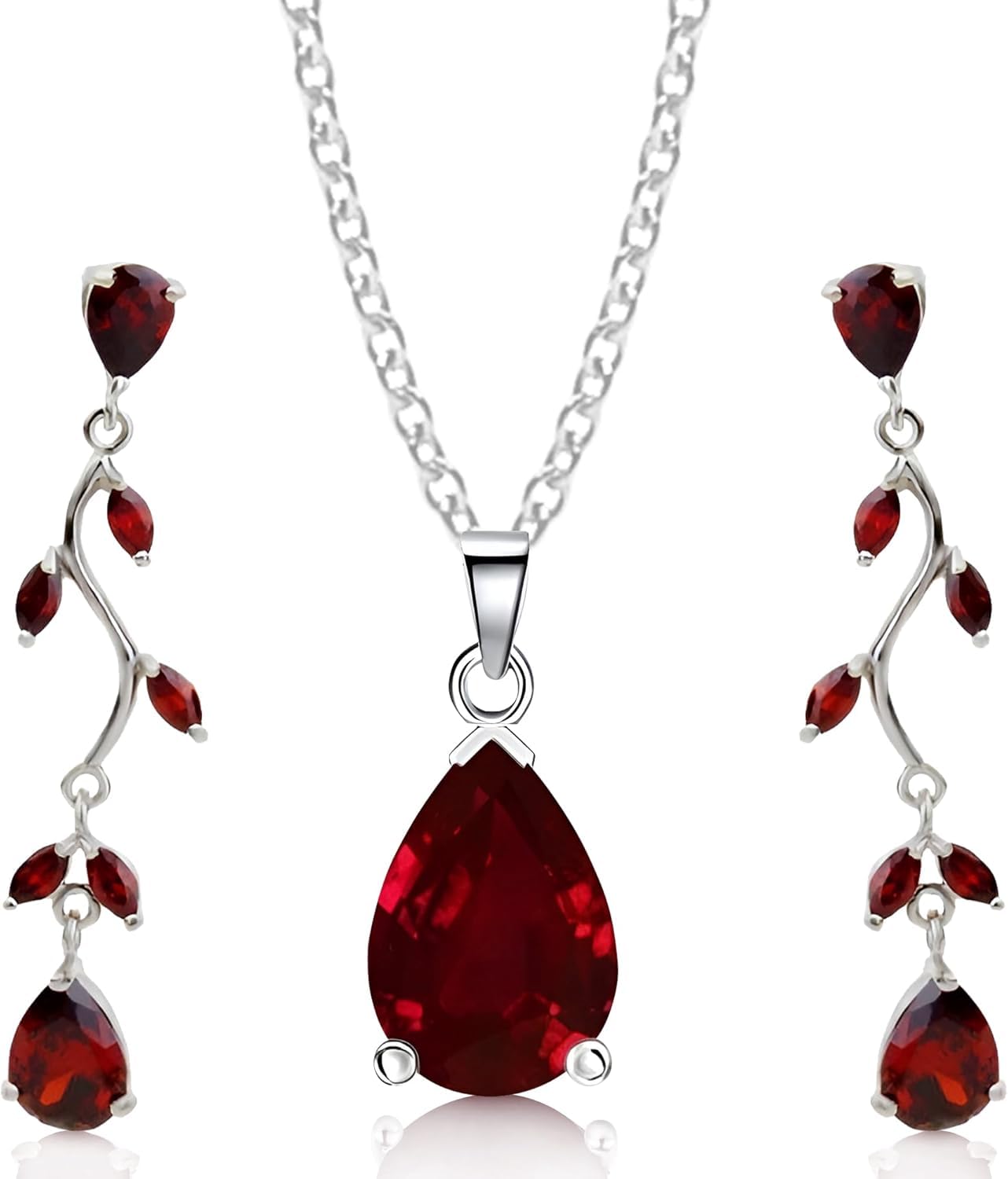 Crystalline Azuria Women 18ct White Gold Plated Teardrops Red Zirconia Crystals Set Necklace 17.7 inches Dangle Earrings